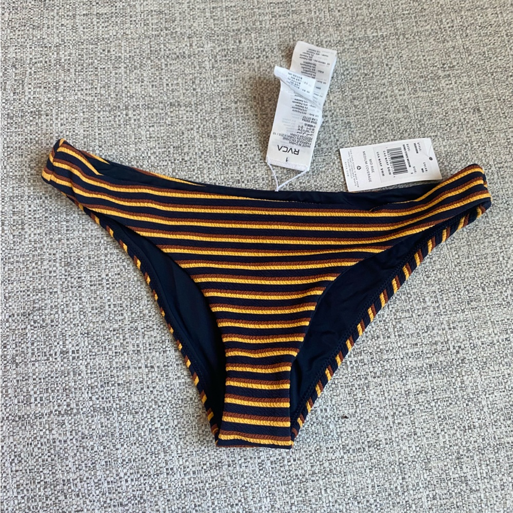 RVCA Navy and Yellow Striped Bikini Bottom